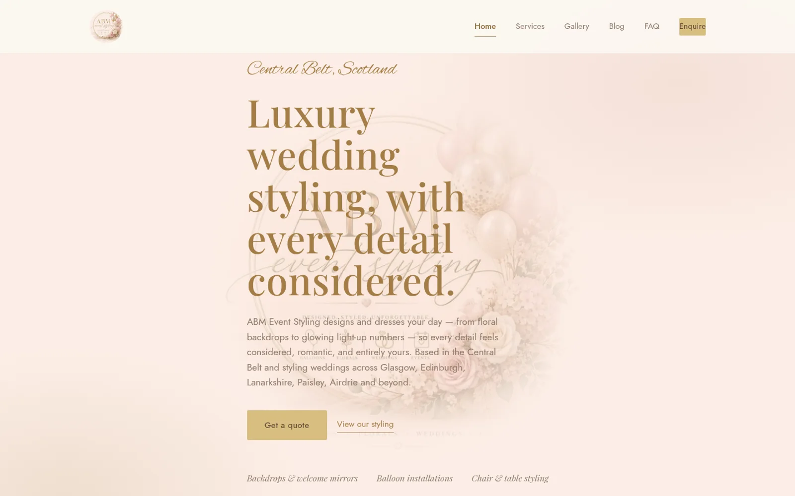 ABM Event Styling homepage: luxury wedding styling in blush and gold
