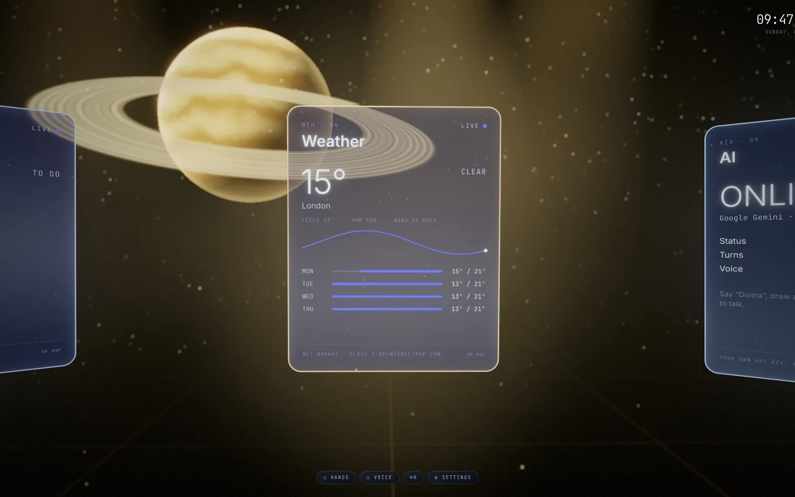 Divina: a 3D room of live cards around a glowing planet